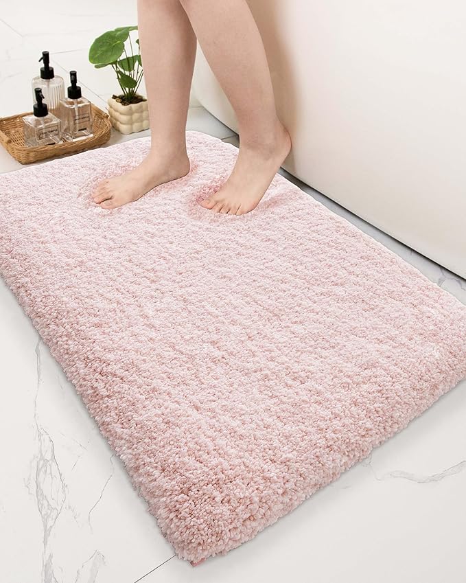 Bathroom Rugs Non Slip Washable 32x20, Ultra Thick Soft Microfiber Absorbent Bath Mats, High Density Foam Latex Non Slip Backing Bath Rugs, Fluffy Floor Carpet for Tub&Shower, Pink
