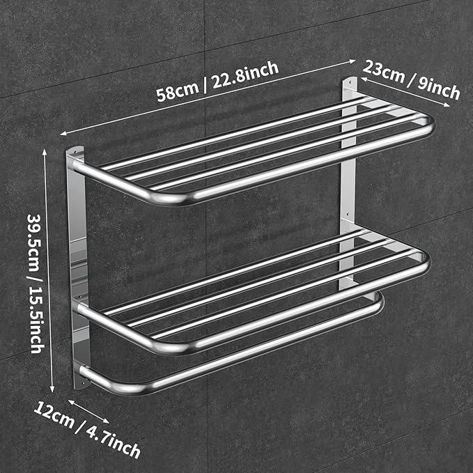 CAXIMSY 22.8Inch Towel Rack for Bathroom and Lavatory Towel Hanger with Wall Mount Towel Bars 304 Stainless Steel No Drill Tower Holder Shelf (Triple-Layered Towel Rack)