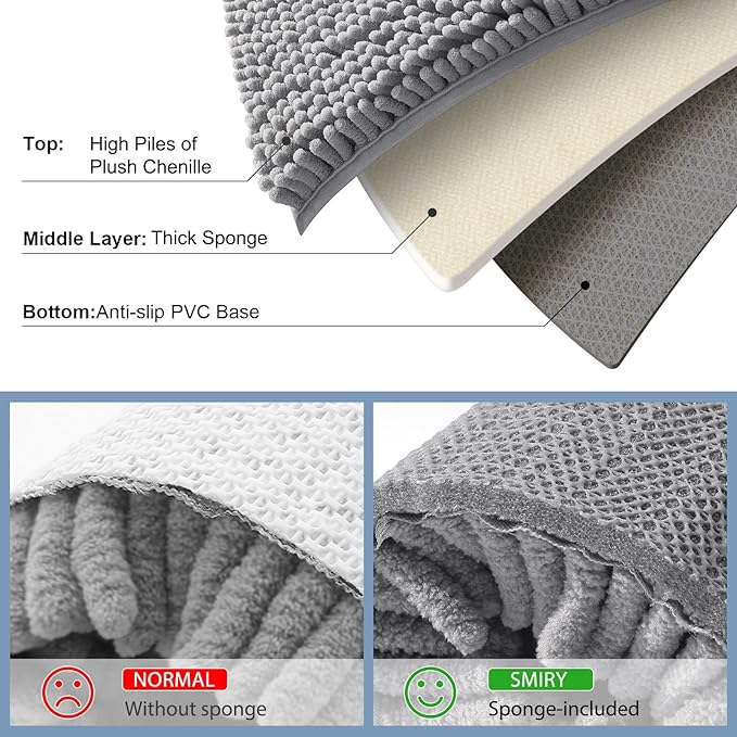 Smiry Luxury Chenille Bathroom Rugs 36x24, Extra Soft and Absorbent Shaggy Bath Mat, Machine Washable, Non-Slip Plush Carpet Runner for Tub, Shower, and Floor, Home Decor Accessories, Grey