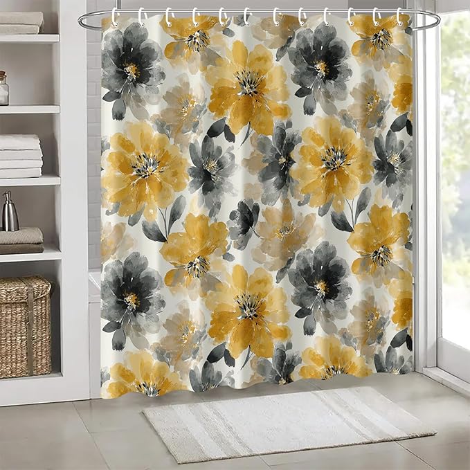 Yellow Grey Floral Shower Curtain 72x72 Inch Watercolor Flower Bathroom Curtain Modern Boho Style Machine Washable Decor
