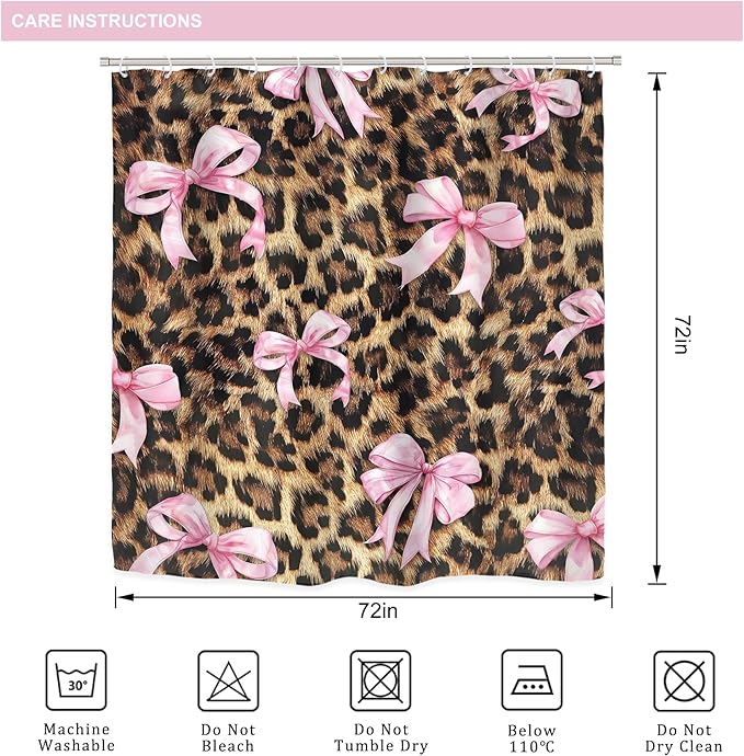 LIGHTINHOME 4 PCS Leopard Print Bow Shower Curtain Set 72Wx72H,Toilet Lid Cover,Non-Slip Rugs and U-Shaped Mat,Girly Pink Cheetah Bathroom Sets with Rugs Shower Accessories 12 Hooks for Bathroom Decor