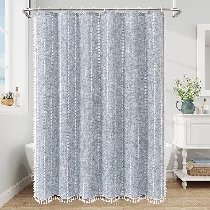 MitoVilla Boho Extra Long Shower Curtain 72 x 96, Blue Modern Farmhouse 96 inch XL Polyester Linen Texture Tassel Fabric Shower Curtain Set with Hooks for Cottagecore Country Bathroom Decor,Blue