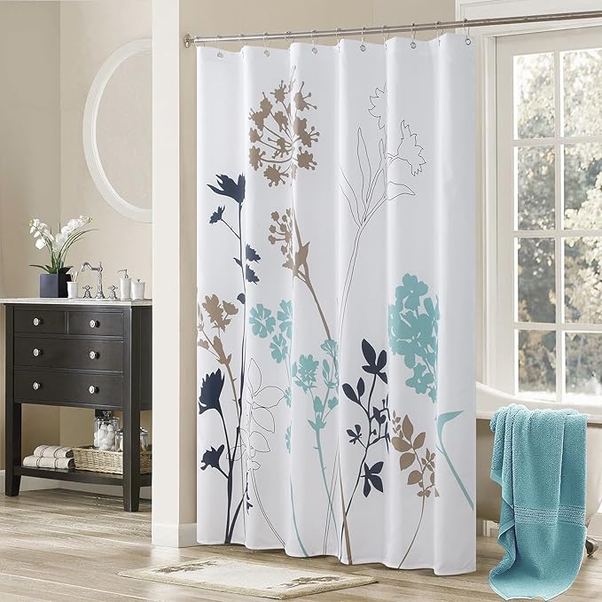 Silhouette Blue Flower Fabric Plants Printed Navy Fabric Shower Curtain,White Floral Bathroom Curtains,72" W x 72" L