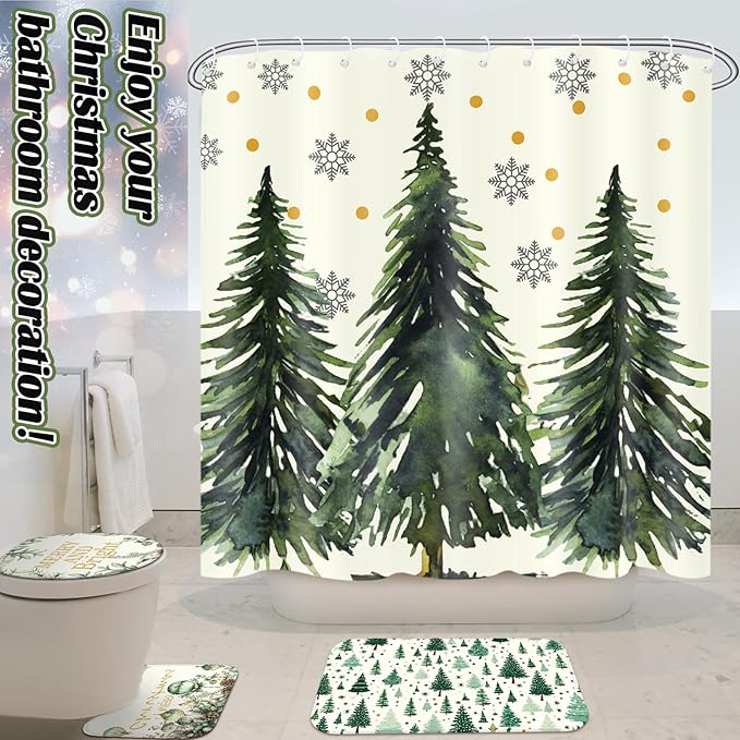 Drydiet 4 Pcs Christmas Shower Curtain Set Bathroom Decoration Non Slip Rugs Mat Toilet Lid Cover Shower Curtain for Xmas Holiday Farmhouse Home Bathroom Decor(Green Christmas)