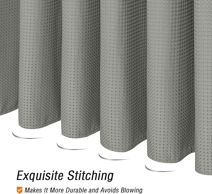 Gibelle Long Shower Curtain 72 x 78, 230GSM Tall Waffle Weave Textured Fabric Shower Curtain for Bathroom, Water Repellent, Machine Washable, Grey