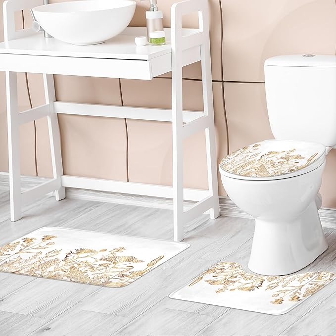Riyidecor Vintage White Gold Floral Wildflower 4Pcs Bathroom Shower Curtain Sets Rustic Leaves Bathroom Decor Set with Rugs and Accessories Botanical Toilet Lid Rug, Contour and Bath Mat with 12 Hooks