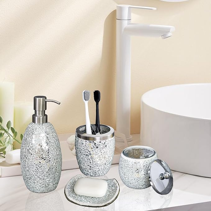 Escenzy Modern Silver Bathroom Accessories Sets 4 Pcs | Luxurious Soap Dispenser, Toothbrush Holder, Cotton Glass Jar, Soap Tray | Silver Bathroom Decor | Mosaic Glass Bathroom Accessories