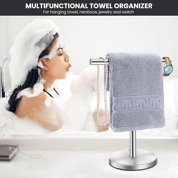 T-Shape Bath Hand Towel Holder Stand, Stainless Steel Free Standing Hand Towel Rack, for Bathroom Kitchen & Countertop, Silver, 2 Pack