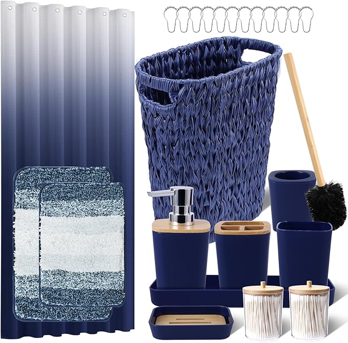 XLHOMO Navy Blue Bathroom Accessories Set with Wicker Trash Can Shower Curtain and Rugs,Bathroom Sets Small Waste Basket Bathroom Trash Can for Bedroom Bathroom
