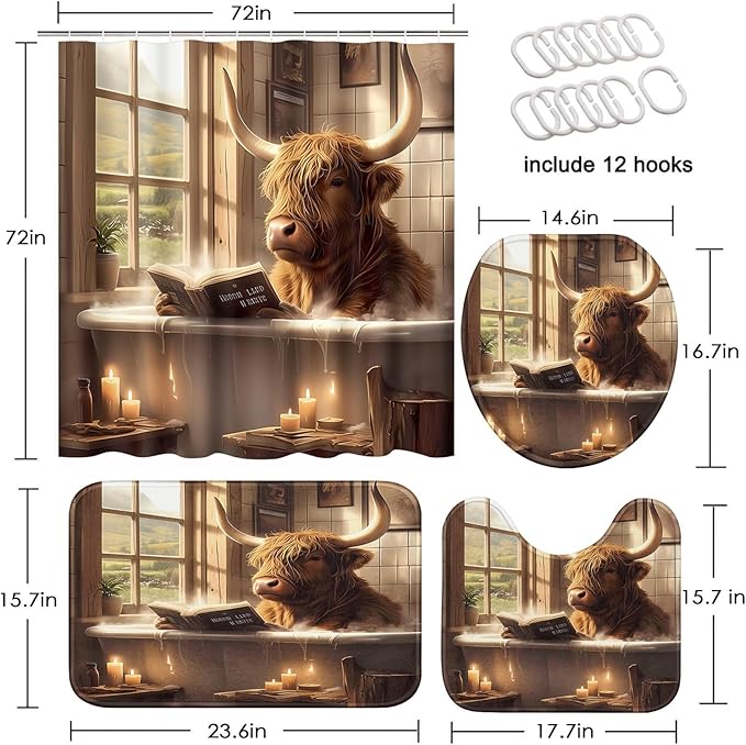 Highland Cattle Cow Shower Curtain Set with Toilet Lid Cover and Non-Slip Rugs, Funny 4 Pcs Shower Curtain with 12 Hooks, Farmhouse Bathroom Set with Rugs and Accessories