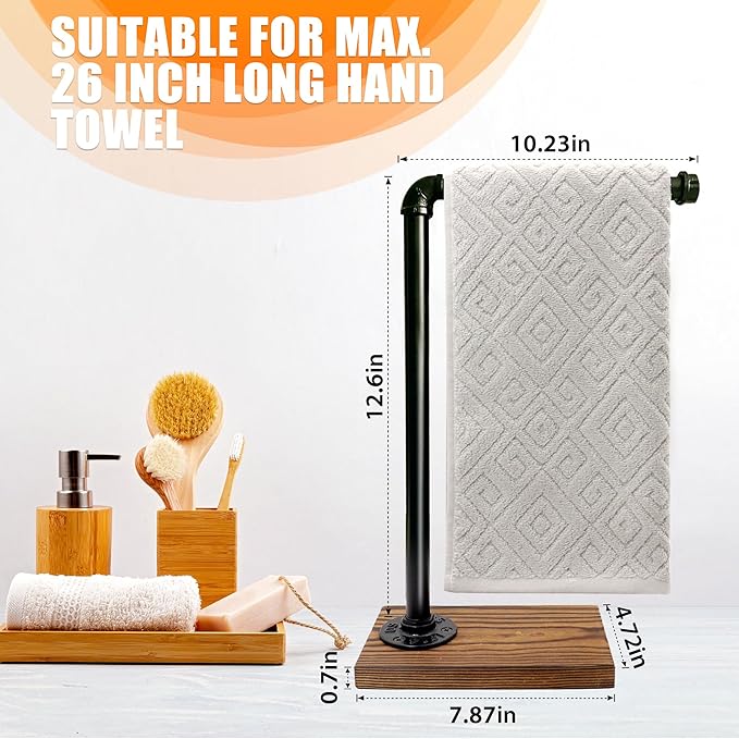 13'' Hand Towel Holder, L Shaped Towel Holder Stand with Weighted Base, Black Hand Towel Stand for Bathroom Kitchen Countertop