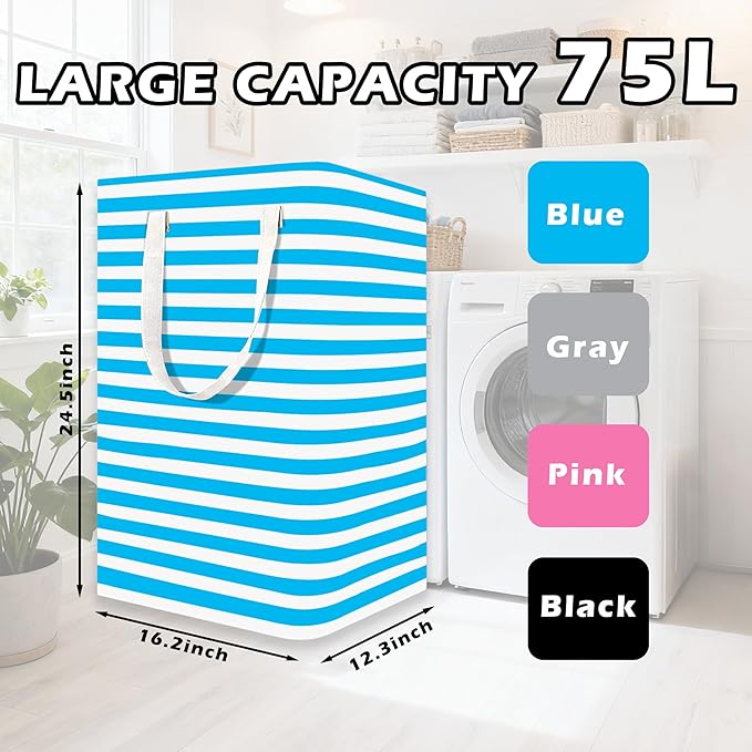 4 Pack Large Laundry Basket ，75L Waterproof,Collapsible Laundry Hamper with Extended Handles for Clothes in the Family Dorm (Black，Blue，Grey，Pink)
