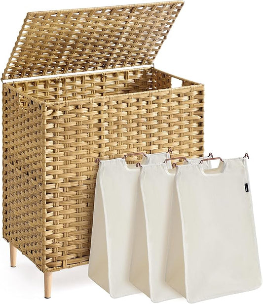 SONGMICS 3-Section Laundry Hamper with Lid, 42.2 Gal (160L) PE Rattan Laundry Basket with Removable Washable Liners, for Bedroom & Living Room, Goose Yellow ULCB223YE01