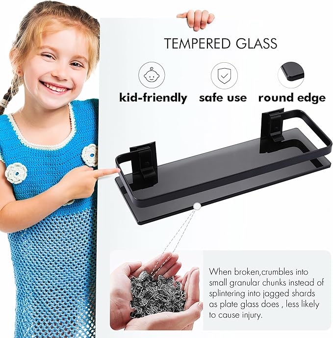 KES Aluminum Glass Bathroom Shelf, Black Extra Thick Tempered Glass Rectangular, 1 Tier Floating Shelf Wall Mounted, BGS4126A-BK
