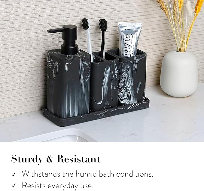 ZCCZ Bathroom Accessories Set, 4-Piece with Soap Dispenser, Toothbrush Holder, Tumbler, and Soap Dish for Modern Bath Décor, Elegant and Durable Design for Home or Office Bathrooms (Black Marble Look)