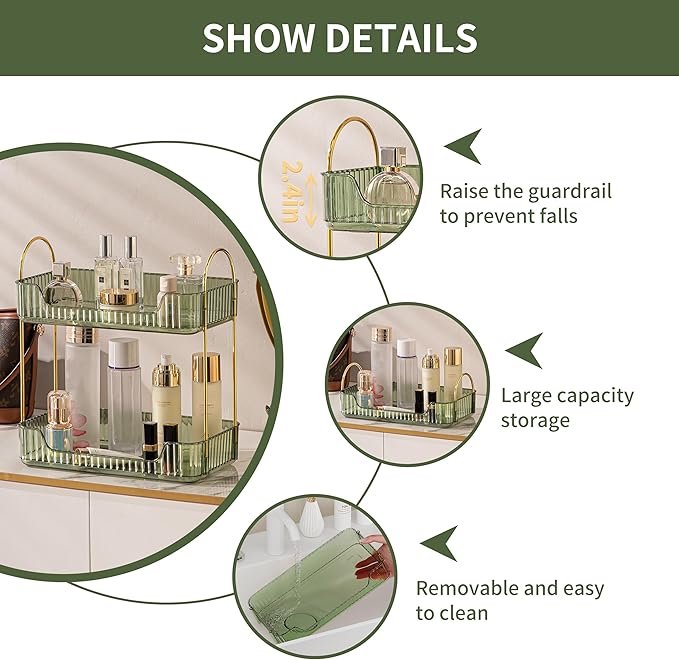 CESTATIVO Bathroom Organizer Countertop, Vanity Trays for Bathroom, Skincare Makeup Shelf, Organizer, Counter Shelf Cosmetics, Toiletries, Lotions, Perfumes (2 Tiers, Green)