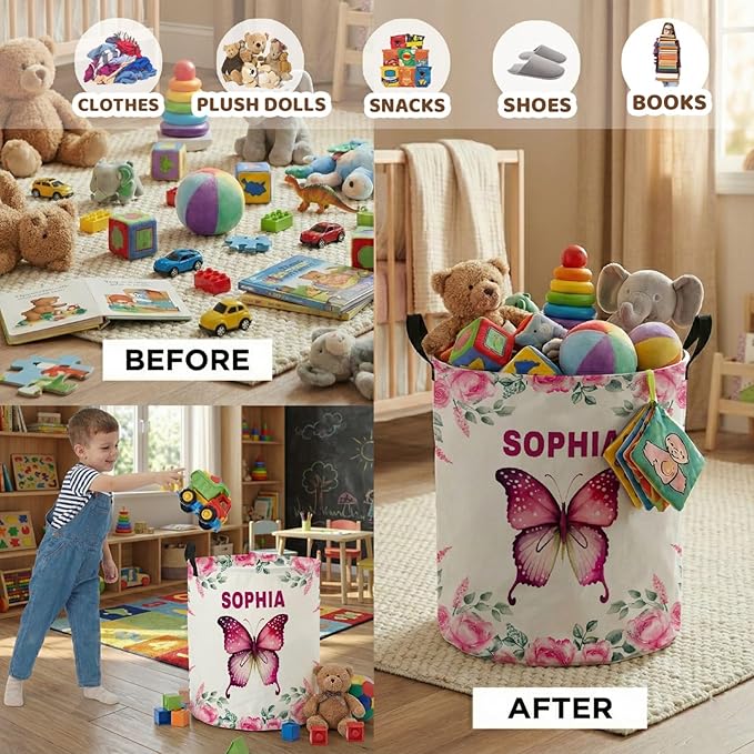 Custom Butterfly Laundry Baskets, Personalized Butterfly Gifts for Butterflies Lovers, Collapsible Laundry Hamper with Name for Kids Adults Home Decoration
