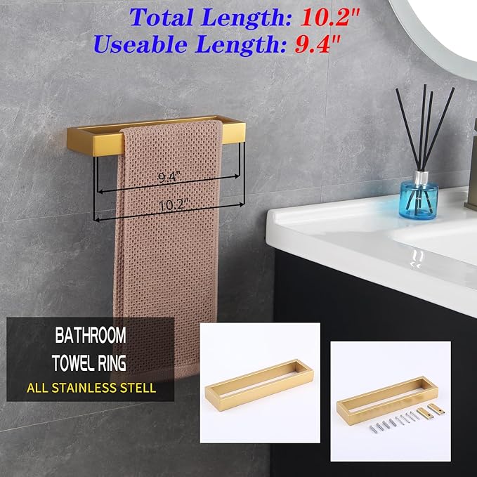 GERZWY Bathroom Accessory 3-Piece Set SUS 304 Stainless Steel Toilet Paper Holder Towel Ring Towel Hooks Wall Mount Gold Finished HG1708-3BE
