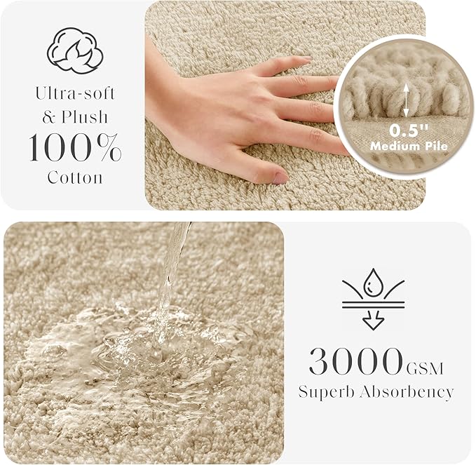 Madison Park Splendor Reversible 100% Cotton Tufted Bathroom Rug-3000 GSM Hotel Quality Luxurious Plush Medium Pile Bath Mat Absorbent, Quick Dry, Shower Room Décor, 24x60 Natural
