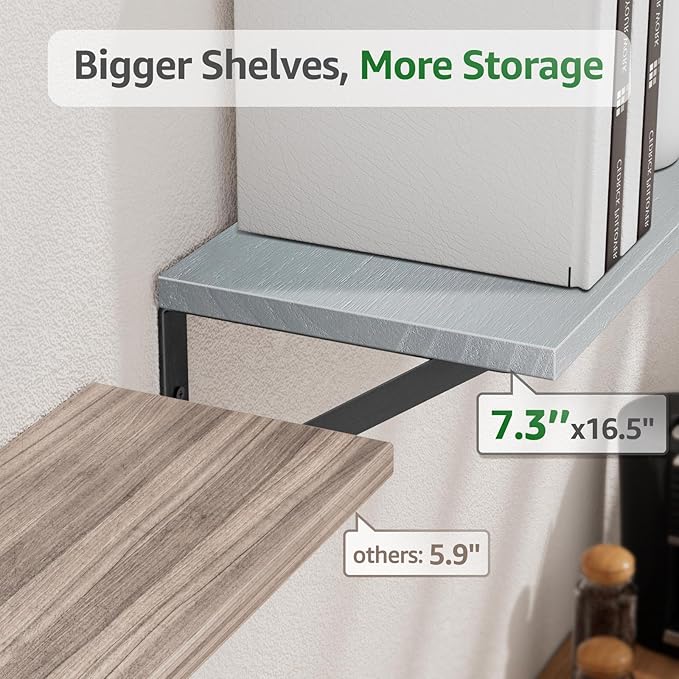 Wall Shelves 7.3" Deep Set of 2, Solid Paulownia Wood Wider Longer Sturdy Easy to Install Wall Mounted Bookshelves Storage Shelves Bathroom Home Office Laundry Room Bedroom Organizer Gray