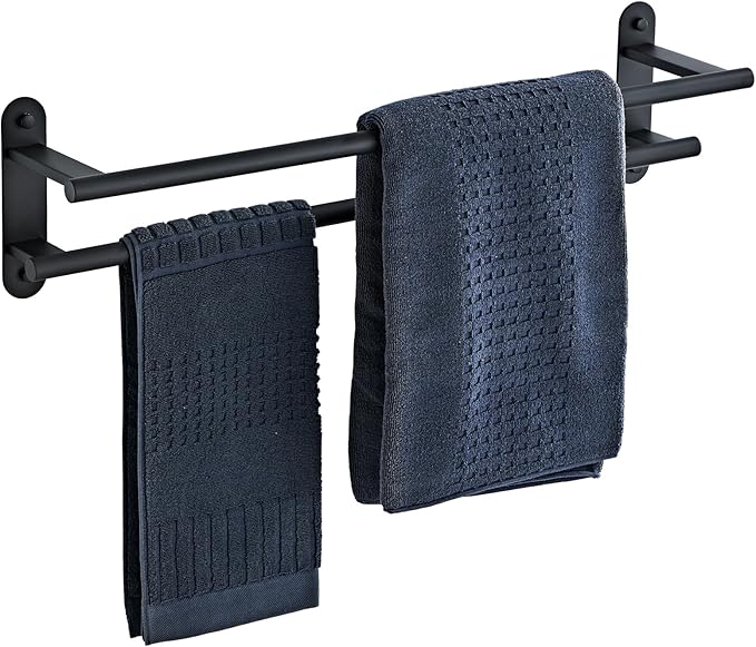 Towel Rack for Bathroom, Double Towel Bar 24 Inch Wall Mounted, Matte Black Stainless Steel Bathroom Towel Holder(Total Length 26-Inch)