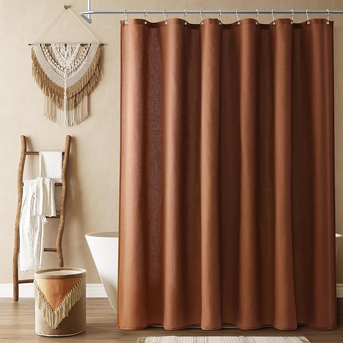 Naturoom Rustic Brown Boho Linen Shower Curtain, Country Farmhouse Bath Decor Shower Curtains Neutral Cloth Weighted Textured Fabric Bath Curtain Liner with Hooks, 72x72