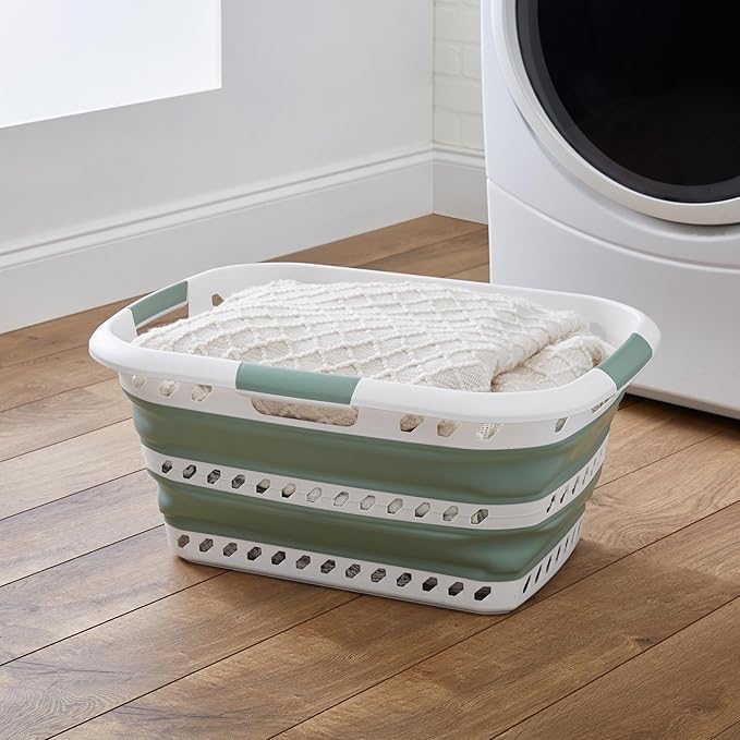 Laundry 360 Collapsible Laundry Basket | Portable | Space Saver Storage | Hold 2 Loads | Store Under the Bed or Closet | Good for Kids | Dorm | Bedroom | Large | White/Sage