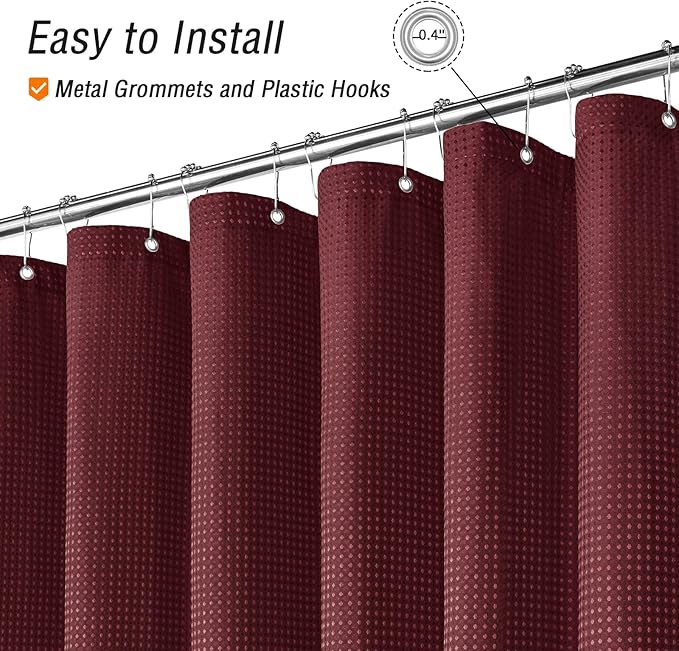 Gibelle Extra Long Shower Curtain 72 x 84, Tall Waffle Weave Textured Fabric Shower Curtain for Bathroom, Water Repellent, Machine Washable, Burgundy