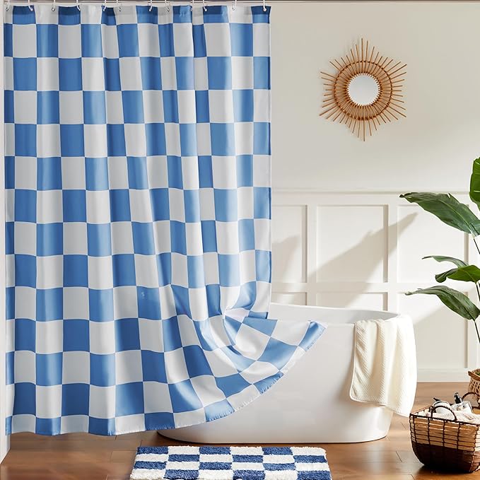 Checkered Shower Curtain, Blue Shower Curtains for Bathroom, Cute Retro Checkboard Shower Curtain Vintage Aesthetic, Washable Fabric Bath Curtain 72''x72''