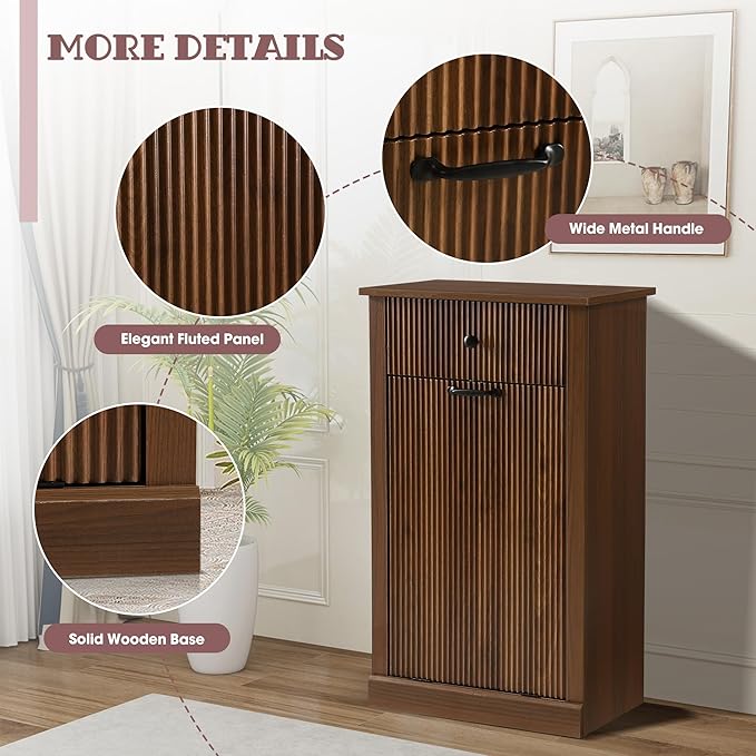 36" H Tilt Out Laundry Hamper Cabinet, Modern Fluted Trash Can Cabinets with Drawer, Wooden Hidden Garbage Cabinet for Kitchen and Bathroom (Brown, Single)