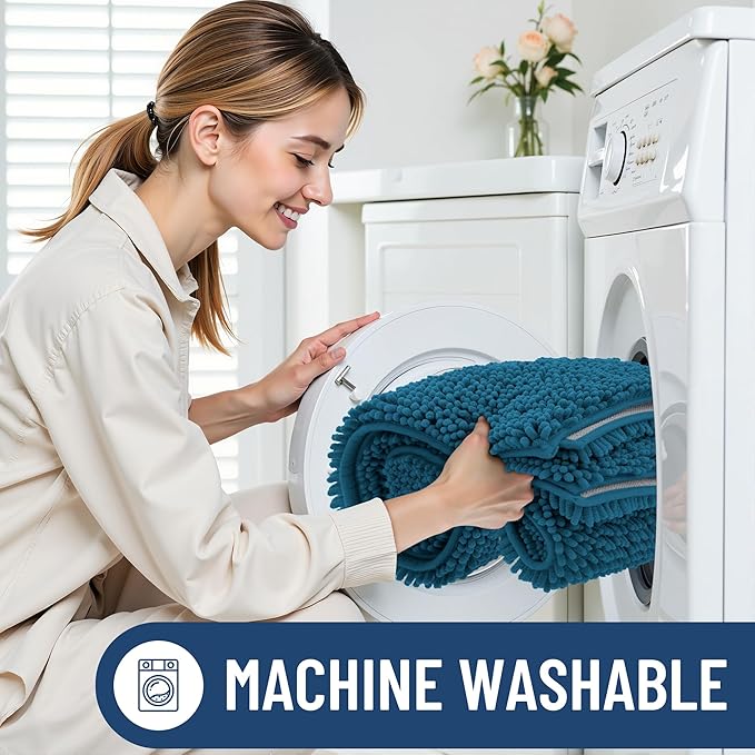 Smiry Luxury Chenille Bathroom Rugs 24x16, Extra Soft and Absorbent Shaggy Bath Mat, Machine Washable, Non-Slip Plush Carpet Runner for Tub, Shower, and Floor, Home Decor Accessories, Peacock Blue