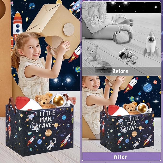 Astronaut Rockets Nursery Laundry Hamper,Space Storage Basket with Inspirational Quotes,Planets Boy Room Decor Shelf Basket ,Rectangular Clothes Book Toy Storage Bin (Black)