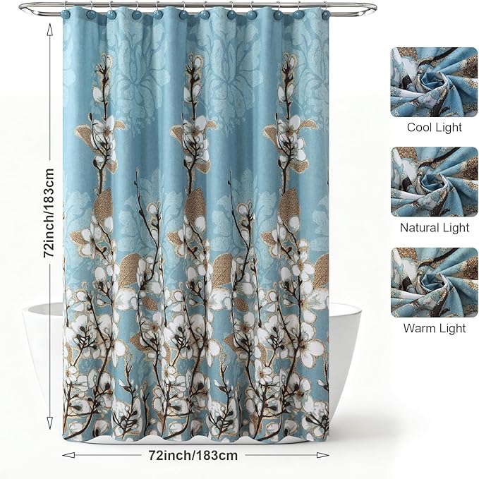 Blue Brown Floral Shower Curtain for Bathroom, Vintage Hanakotoba Flower Fabric Shower Curtains, Waterproof Botanical Shower Curtain, Retro Plant Print Bathroom Curtains, 72" W X 72" H