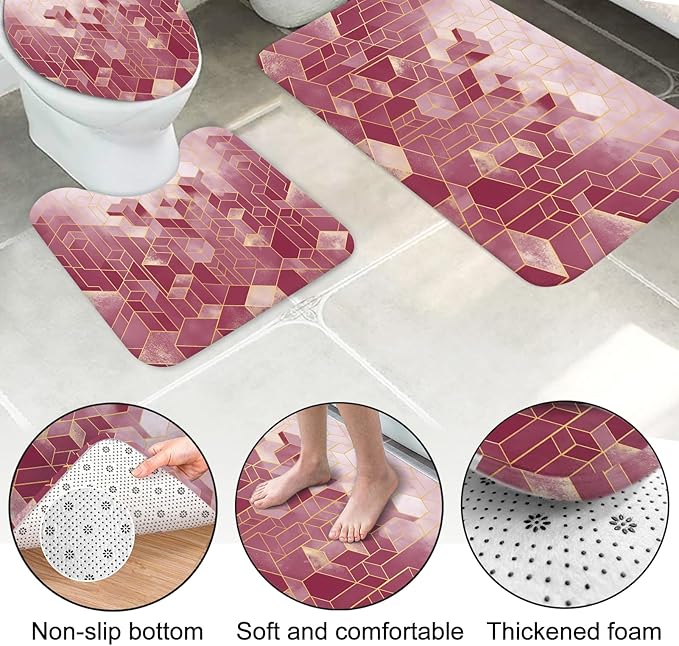 Lnond 4Pcs Bathroom Sets with Shower Curtain and Rugs, Red Bathroom Shower Curtain Sets, Red Gradient Modern Bathroom Decor Sets with Rugs and Accessories