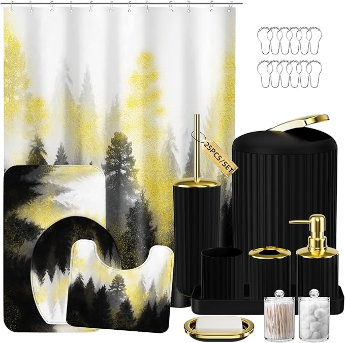 Black and Gold Bathroom Accessories, Bathroom Sets with Shower Curtain and Rugs, Bath Rugs Accessory Set with Bathroom Trash Can, Soap Dispenser, Soap Dish for Home Decor
