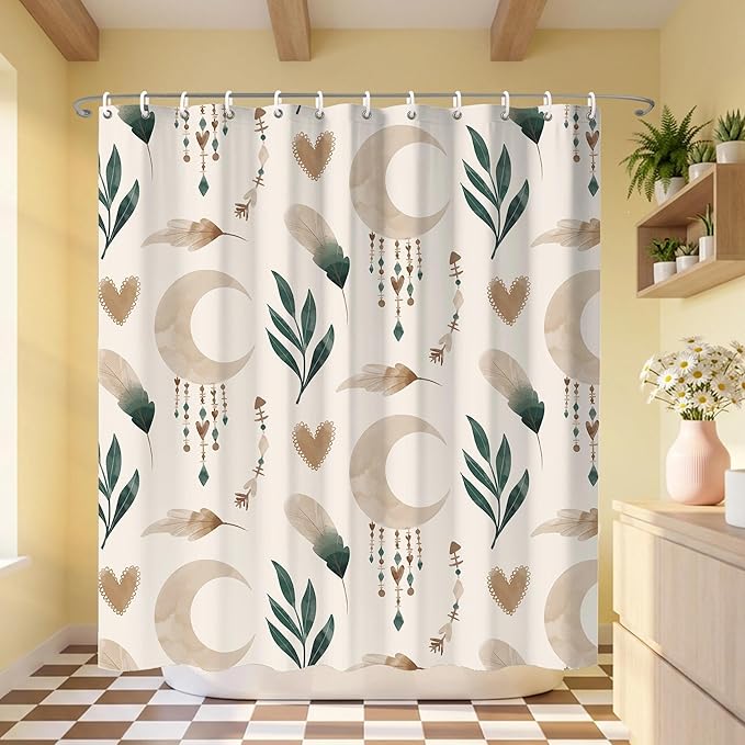 Bohemian Shower Curtains 72x72 Inch,Aesthetic Modern Boho Bathroom Curtain with Leaves and Moon, Neutral Waterproof Polyester Fabric Bath Curtain for Home Bathroom Decor