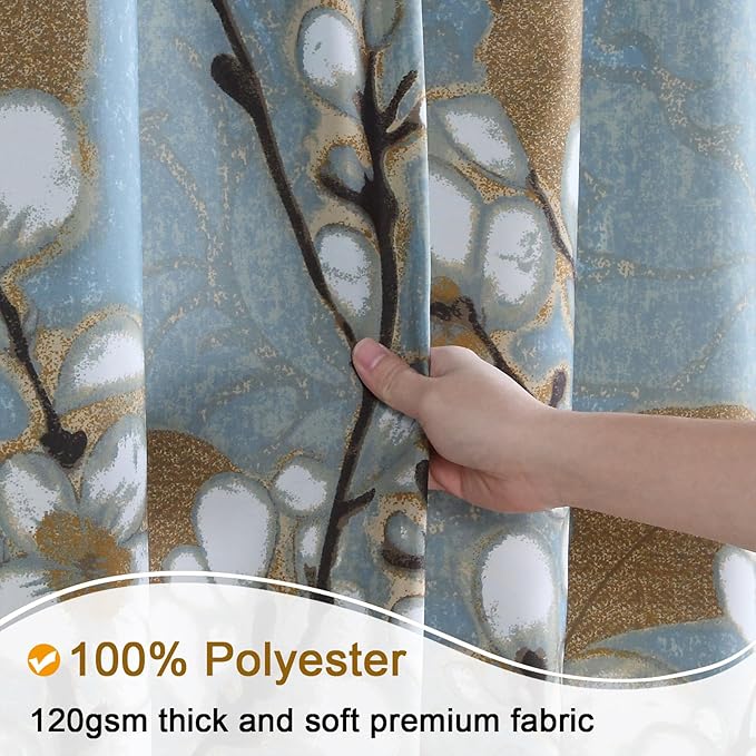 Long Fabric Shower Curtain, Blue Brown Floral Plant Shower Curtains for Bathroom, Decorative Waterproof Bathroom Curtains,78" W x 78" H