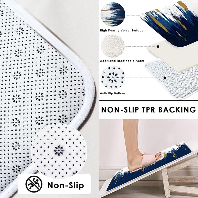 Blue Gold White Shower Curtain Set with Toilet Lid Cover and Non-Slip Rugs for Bathroom, Modern Oil Painting Abstract 4 Pcs Shower Curtain, Bathroom Set with 12 Hooks