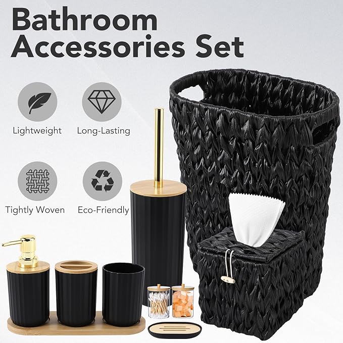 Bathroom Accessories Set - 10PCS Bathroom Set with Handwoven Trash Can,Shower Curtain,Toilet Brush Holder Set,Tissue Holder & Soap Dispenser for Bathroom Décor and Housewarming Gifts (Black, Bath Set)