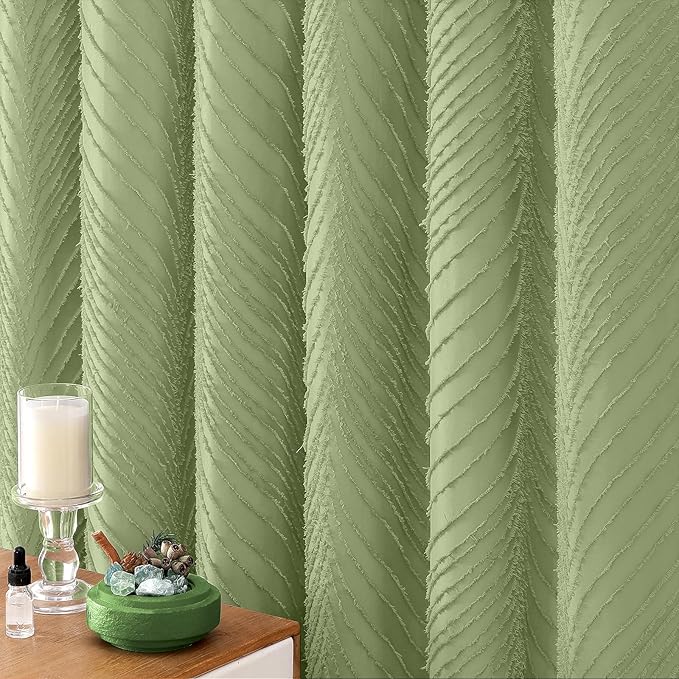 BTTN 72x84 Shower Curtain - Extra Long Boho Tufted Leaves Textured Striped Tassel Shower Curtain Set with 12 Plastic Hooks, Water Repellent, Farmhouse Country Shower Curtains for Bathroom, Sage Green