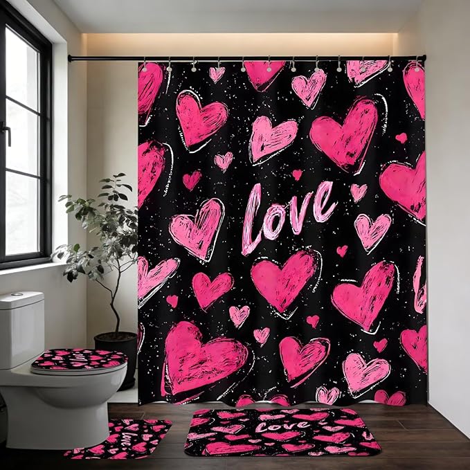 DDQQ 4 Pcs Pink Heart Shower Curtain Set Love Bathroom Sets with Shower Curtain and Rugs Romantic Bathroom Decor Accessories Bathroom Rugs Toilet Lid Cover with Hooks