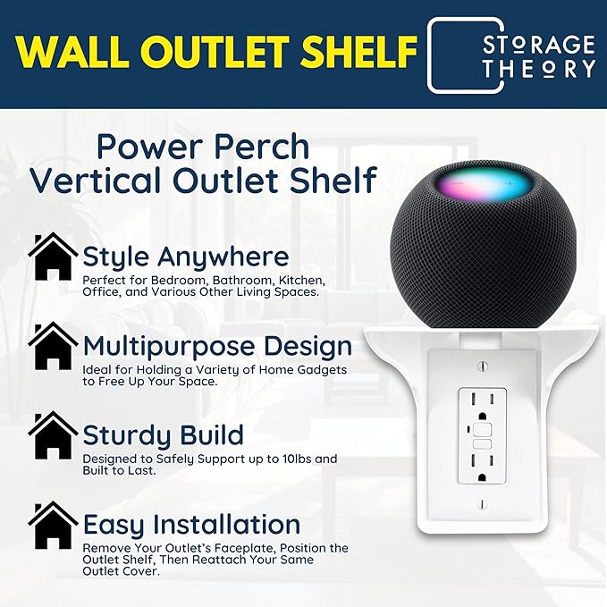 BeraTek Power Perch Wall Outlet Shelf with Cord Storage Strap - Declutter & Reclaim Counter Space - Alexa Holder, Charging Stand, Apple Homepod Mini Wall Mount - White, 2-Pack