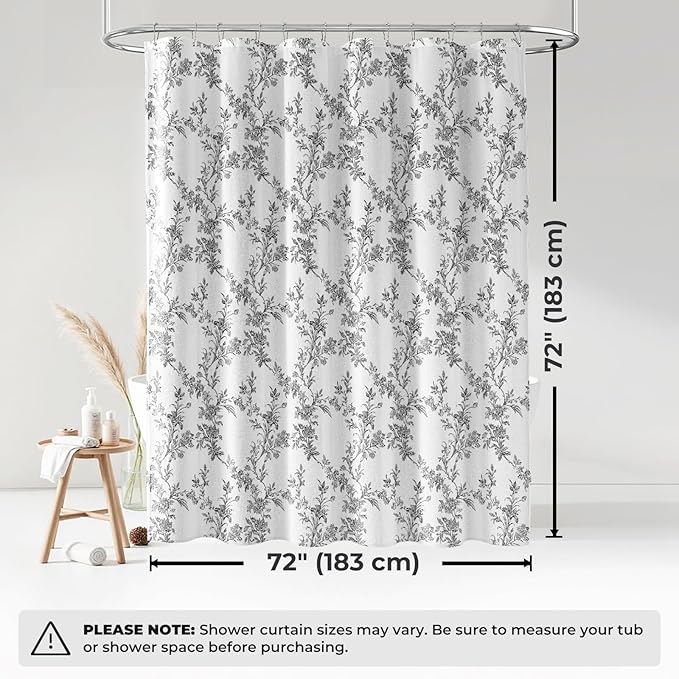 Black Floral Shower Curtain, Cotton Linen Cottagecore Shower Curtains for Bathroom