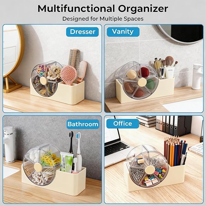 Hair Accessories Organizer with 5-Section Rotating Case | 2-Slot Comb & Hair Brush Holder | Cute Bathroom Vanity Caddy for Hair Tiles, Clips, Scrunchies, Other Accessories | Girls Vanity Décor (Cream)