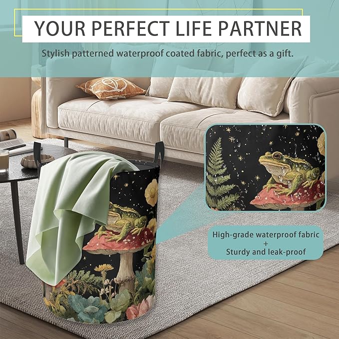 Starry Sky Frog Mushroom Round Laundry Basket Collapsible Laundry Hamper with Handles Toys Clothes Organizer Bin For Home Bathroom Bedroom Dorm Nursery