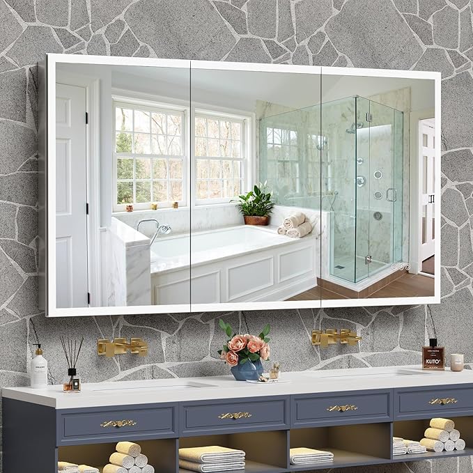 60" x 32" LED Medicine Cabinet, Lighted Bathroom Mirror with 3-Color Lights, Defogger, Stepless Dimming, Large Storage, Memory Function