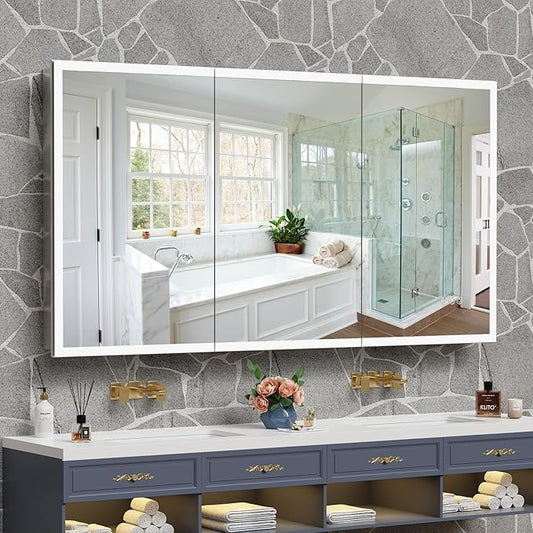 60" x 32" LED Medicine Cabinet, Lighted Bathroom Mirror with 3-Color Lights, Defogger, Stepless Dimming, Large Storage, Memory Function