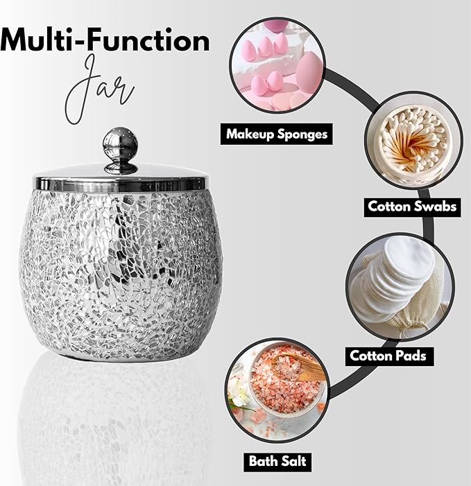 Escenzy Modern Silver Bathroom Accessories Sets 4 Pcs | Luxurious Soap Dispenser, Toothbrush Holder, Cotton Glass Jar, Soap Tray | Silver Bathroom Decor | Mosaic Glass Bathroom Accessories