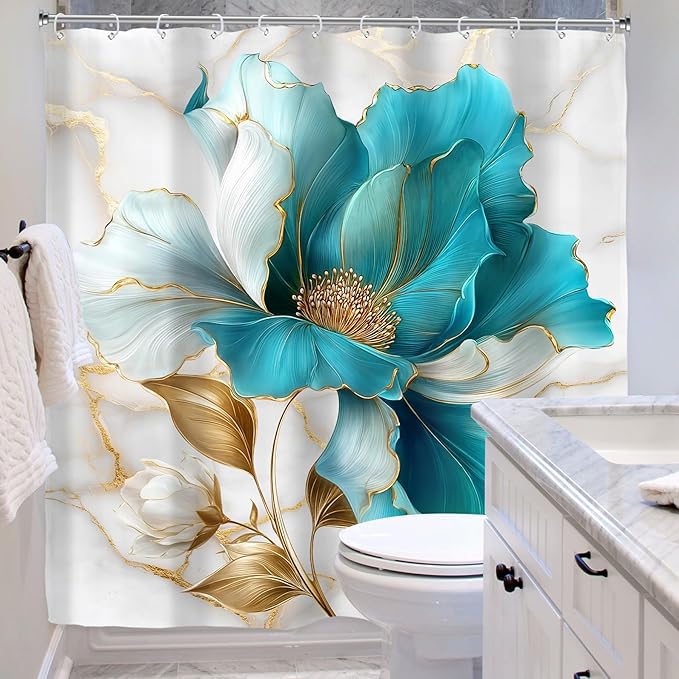 Riyidecor Teal Gold Marble Floral Shower Curtain for Bathroom Decor 72Wx72H Turquoise Abstract Ombre Flower Luxury Modern Minimalist Art Printed Fabric Polyester Waterproof 12 Pack Plastic Hooks