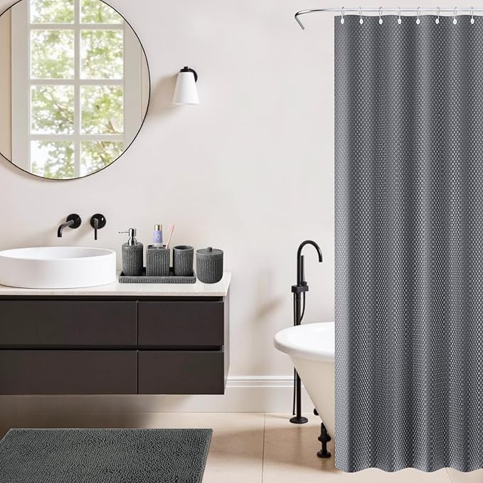 XLHOMO 8-Piece Grey Bathroom Sets with Shower Curtain and Rugs, Resin Bathroom Accessories Sets Complete with Soap Dispenser, Toothbrush Holder, Tumbler & Apothecary Jars Bathroom Essentials